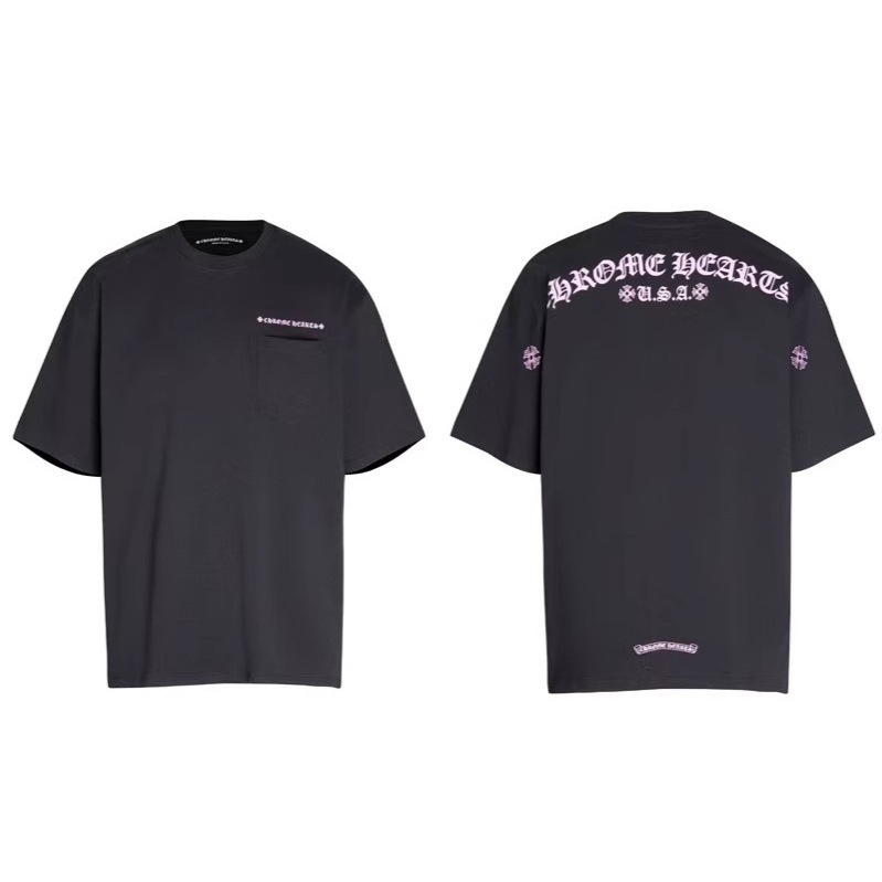 2025 New Ch Crowe Letter Collar Horseshoe Cross Flower Arm Print Casual Men's and Women's Short-Sleeved t Basic Popular Cotton