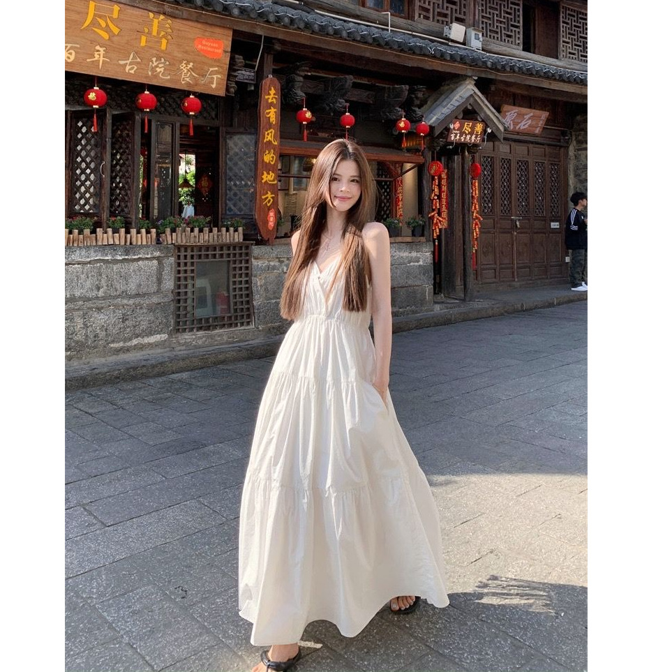 2026 Seaside Resort Style White Suspender Dress for Women, Summer Waist-Cinching Slimming Flared Skirt, Elegant Long Dress