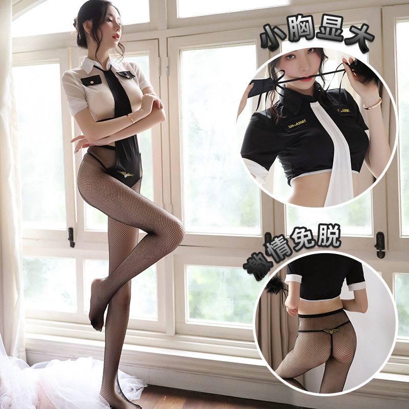 Sexy sexy lingerie women's coquettish tight one-piece small chest perspective stewardess black silk uniform passion uniform suit 9084