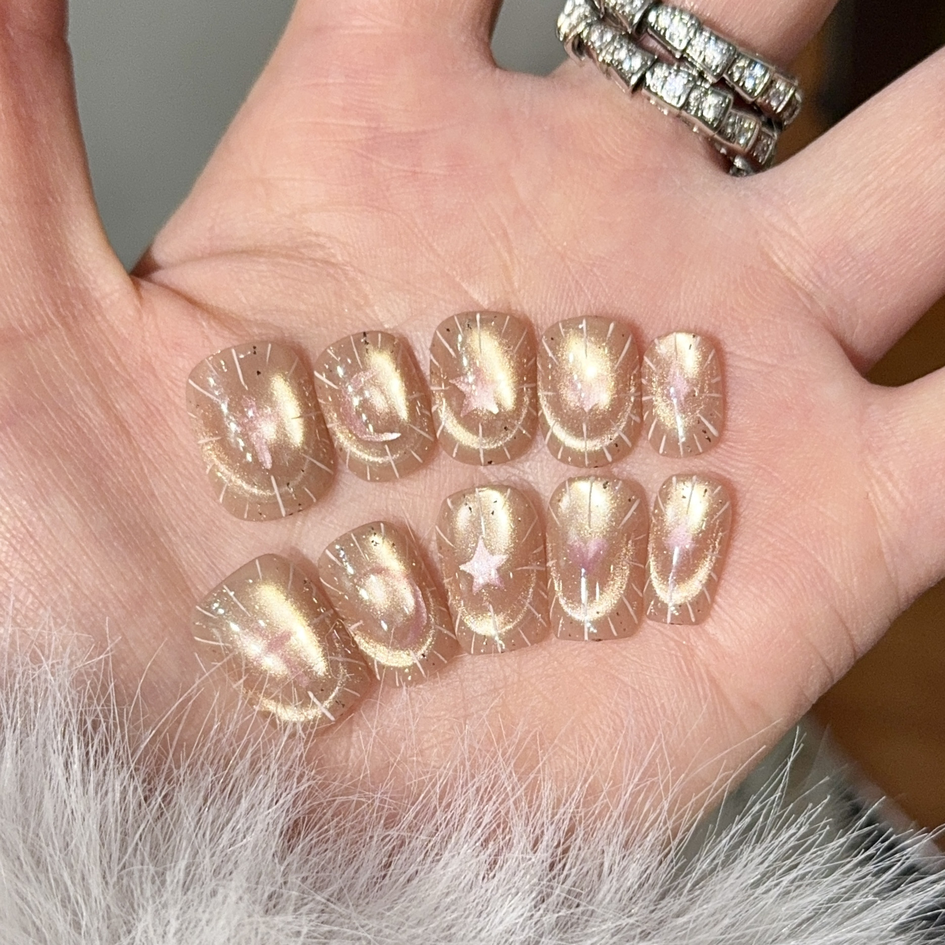 【Holy Light Girl】Superb Star Moon Cat Eye Ins Style Handmade Wearable Nails Short Nail Art Stickers Fake Nails