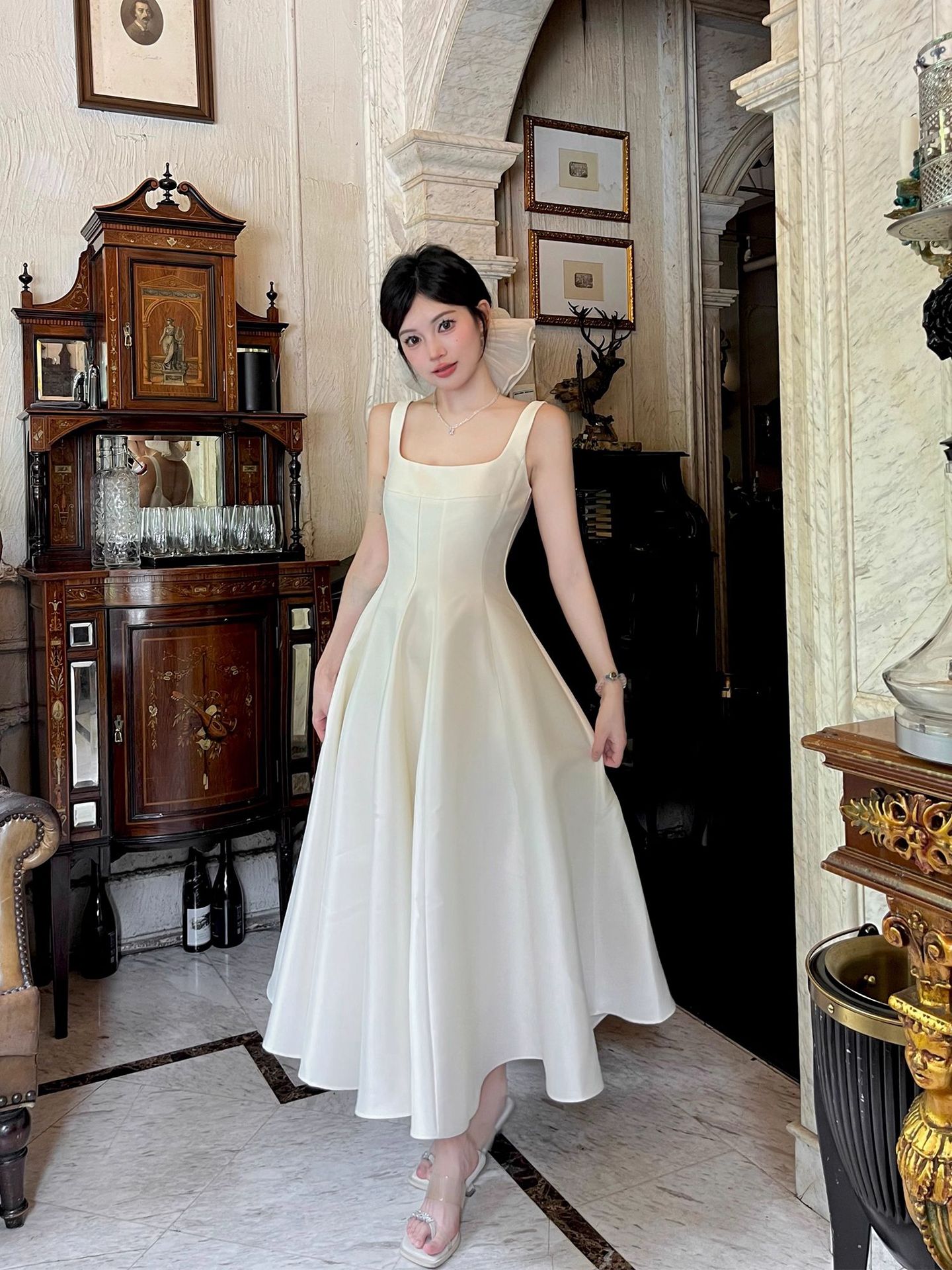 White Spaghetti Strap Dress for Women, Summer Style, Waist-Cinching, Pure and Innocent First Love Style, Long Dress, Very Beautiful, Sleeveless A-Line Dress