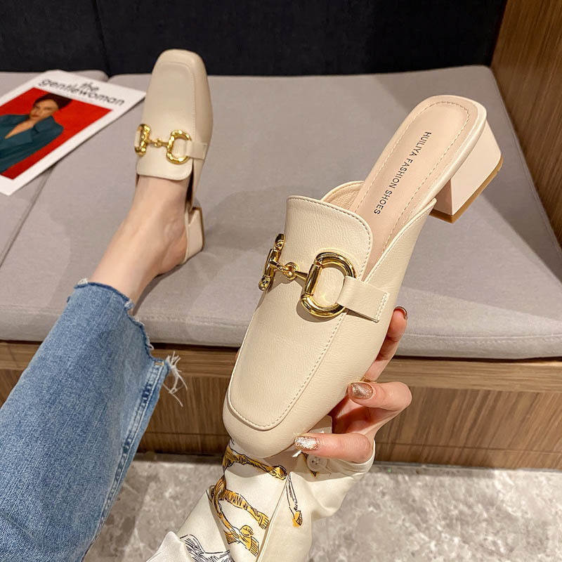 Lazy shoes baotou half slippers women wear 2024 summer net red half shoes thick heel sandals 309-2