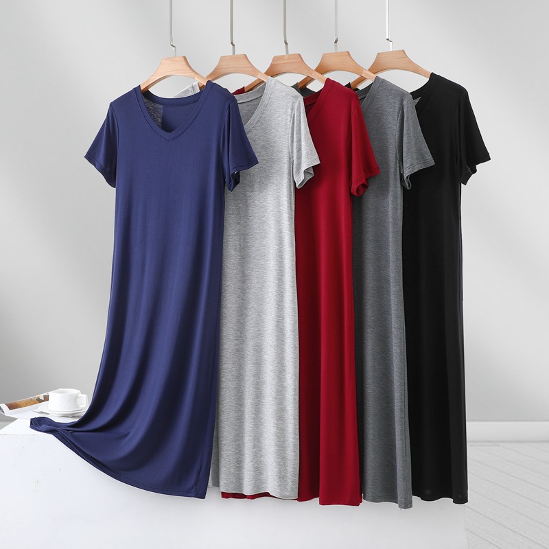 Summer New Modal Dress Korean Style V Neck Short-Sleeved Large Size Thin Dress Loose Casual Outer Long Dress