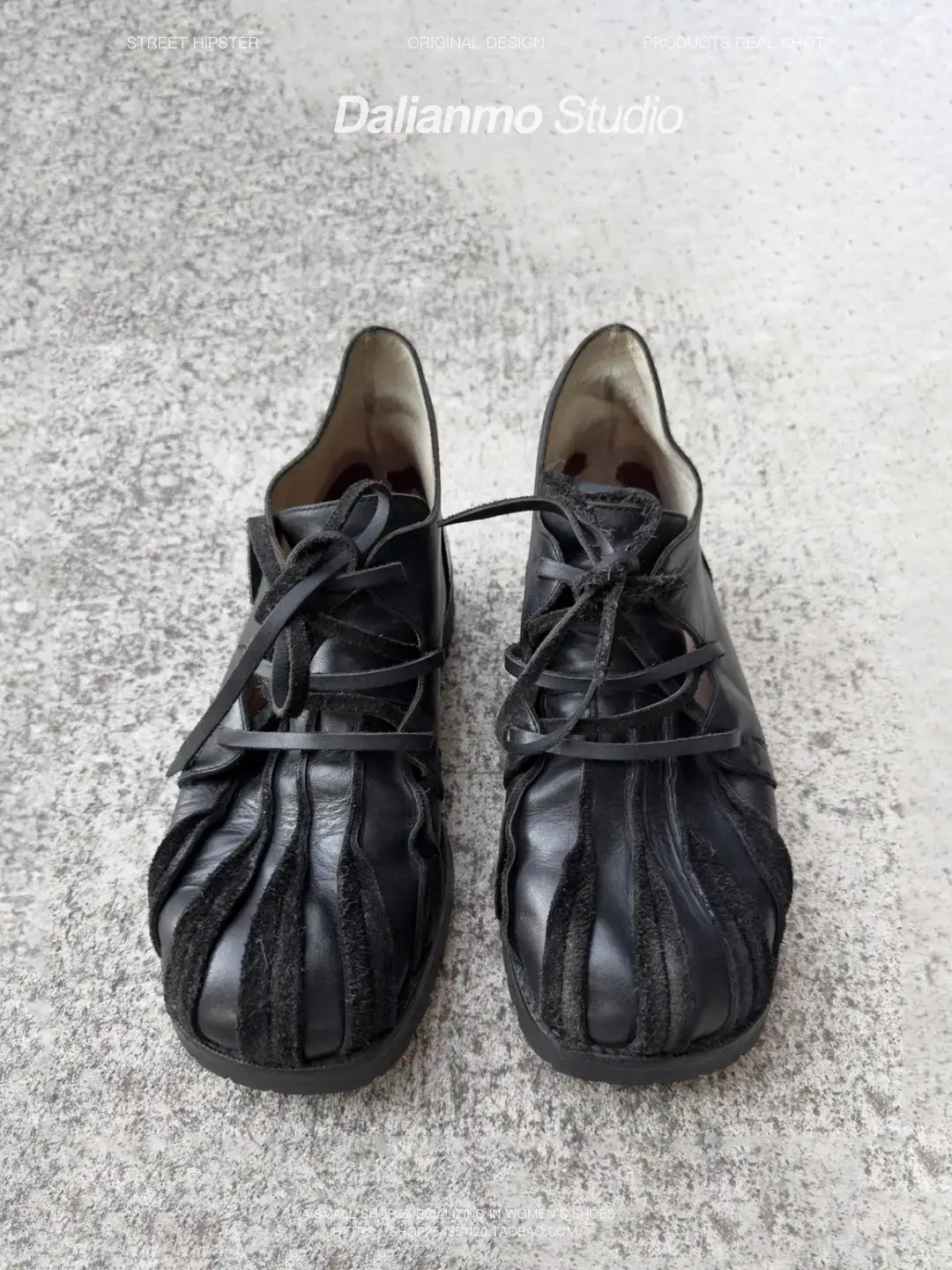 Replica Black Soft Leather Shoes Vintage Mid-Century Shoes Retro Duckbill Shoes Thick-Soled Height-Increasing Derby Shoes Lace-Up