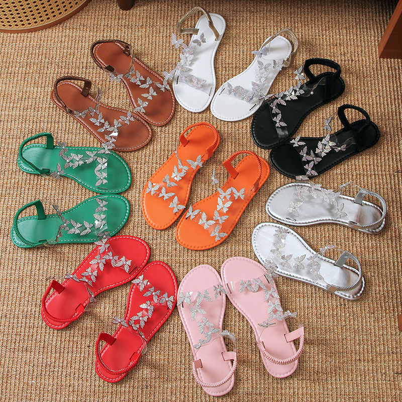 New Foreign Trade Style Bowknot Lightweight Flat Sandals for Women, Large Size Elastic Band Rhinestone Beach Slippers, Wish Source