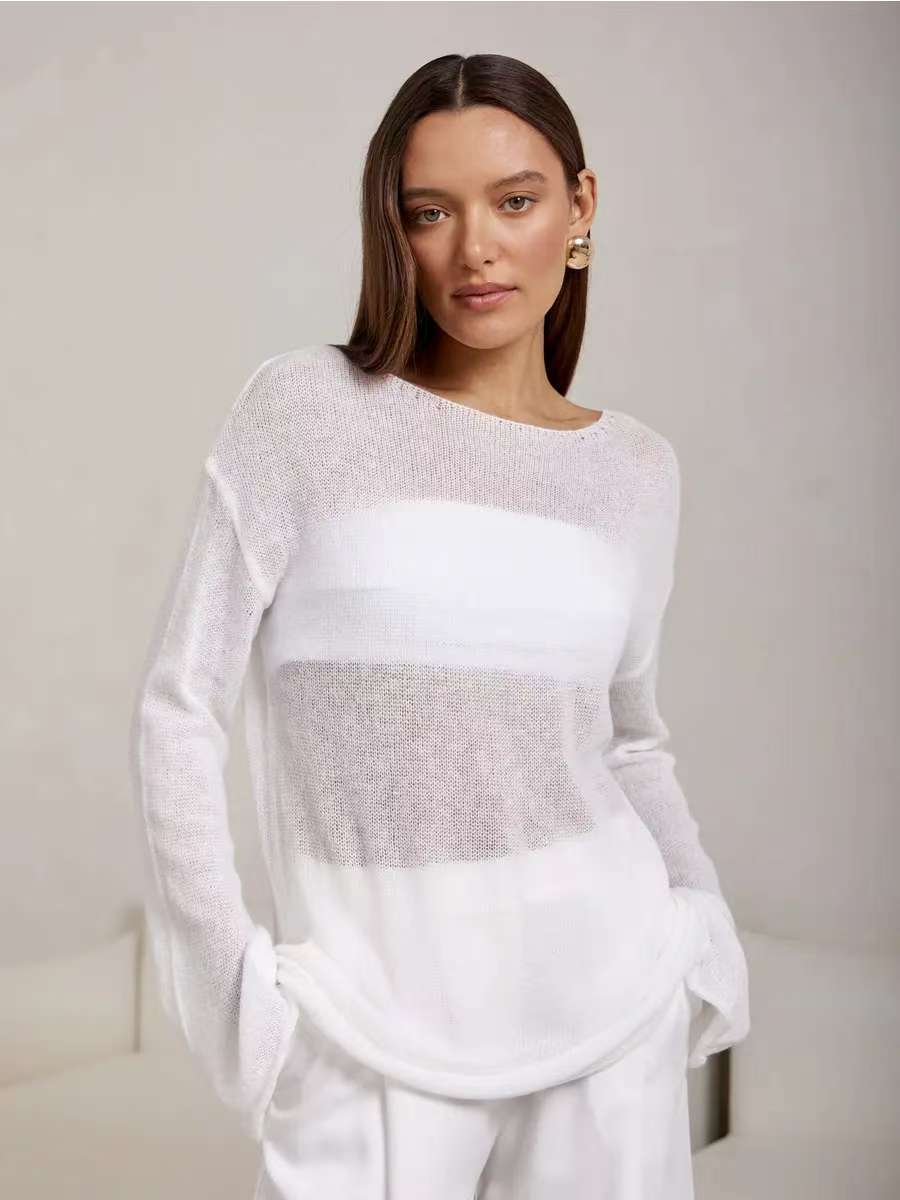 Cross-border Europe and the United States thin large round neck horn sleeve knitted T-shirt 2025 spring and summer new women's perspective hollow knit sweater