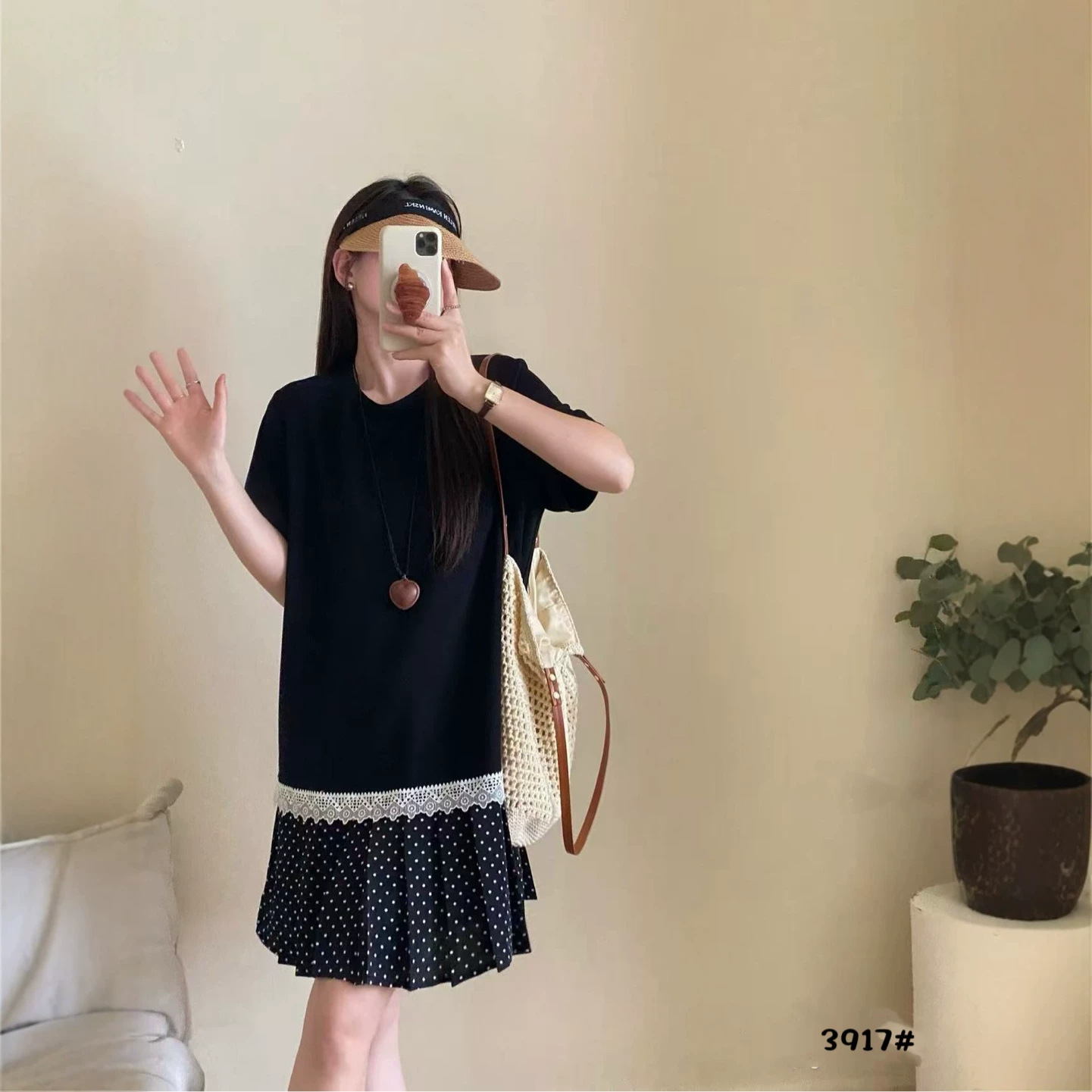 2026 New Summer Fashion Style Spliced ​​Lace Edge Polka Dot Short-Sleeved Round Neck Loose Dress for Women
