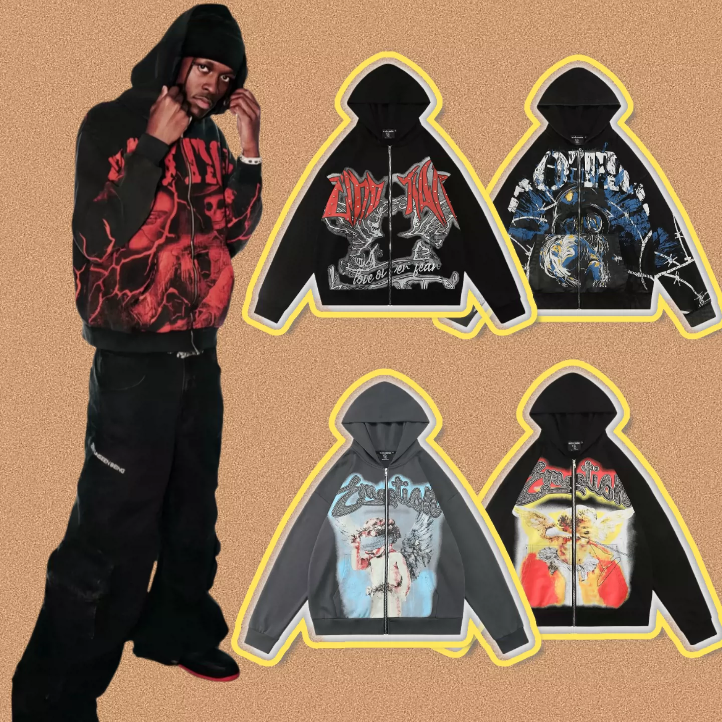 Correct version of Mixed EMOTION American street retro high street hot stamping hooded cardigan sweatshirt set trendy
