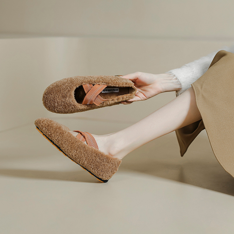 Woolen French-Style Mary Jane Furry Single Shoes 2026 New Spring, Autumn, and Winter Models with Added Fleece, Lace-Up Ballet Shoes