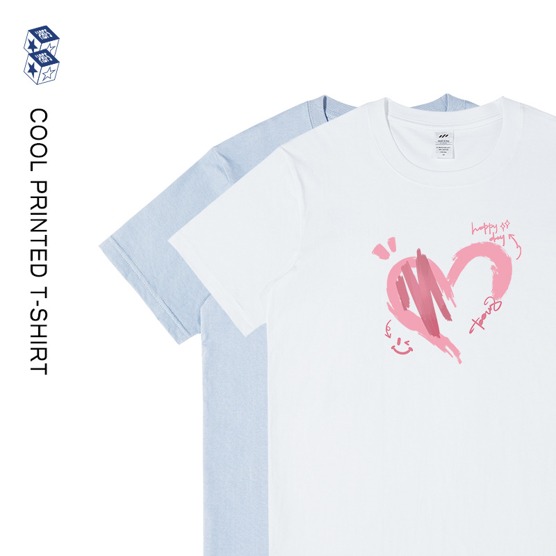 Men's Summer Simple Heart Short-Sleeved T-Shirt for Men and Women with the Same Design and Elegant Work Clothing Top White T-Shirt Ins
