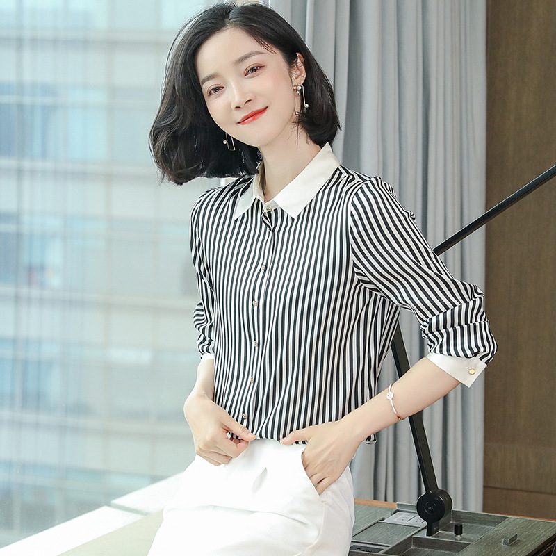 Heavy Silk Shirt Women's New Style 2026 Spring/Summer Striped Print Casual Mulberry Silk Blouse Korean Version Top