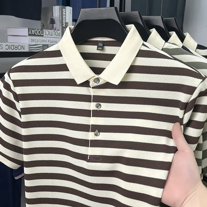 2025 New Striped Color Contrast Casual Men's Short-sleeved POLO Collar Summer T-shirt Fashionable Led Half-sleeved T-shirt Top