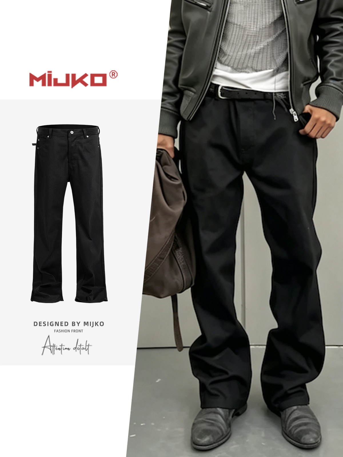 Mijko Men's and Women's Pure Black Raw Denim Jeans, Unisex Style with Inner Pocket Print, Slim Fit, Slightly Flared Wide-Leg Long Pants
