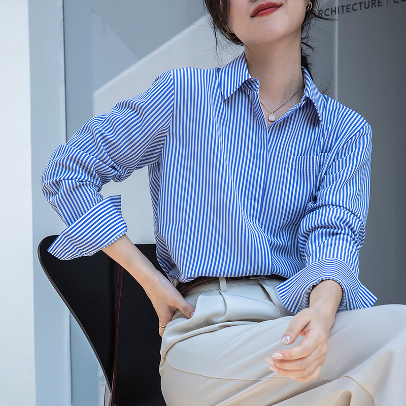 Stylish Blue Striped Shirt for Women, Casual 2026 Spring and Autumn New Loose Versatile Blue and White Striped Long-Sleeve Shirt