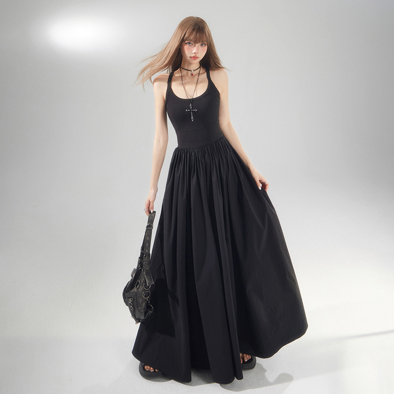 YC & 2-color American retro sling waist dress stitching puffy temperament Joker slim slim dress