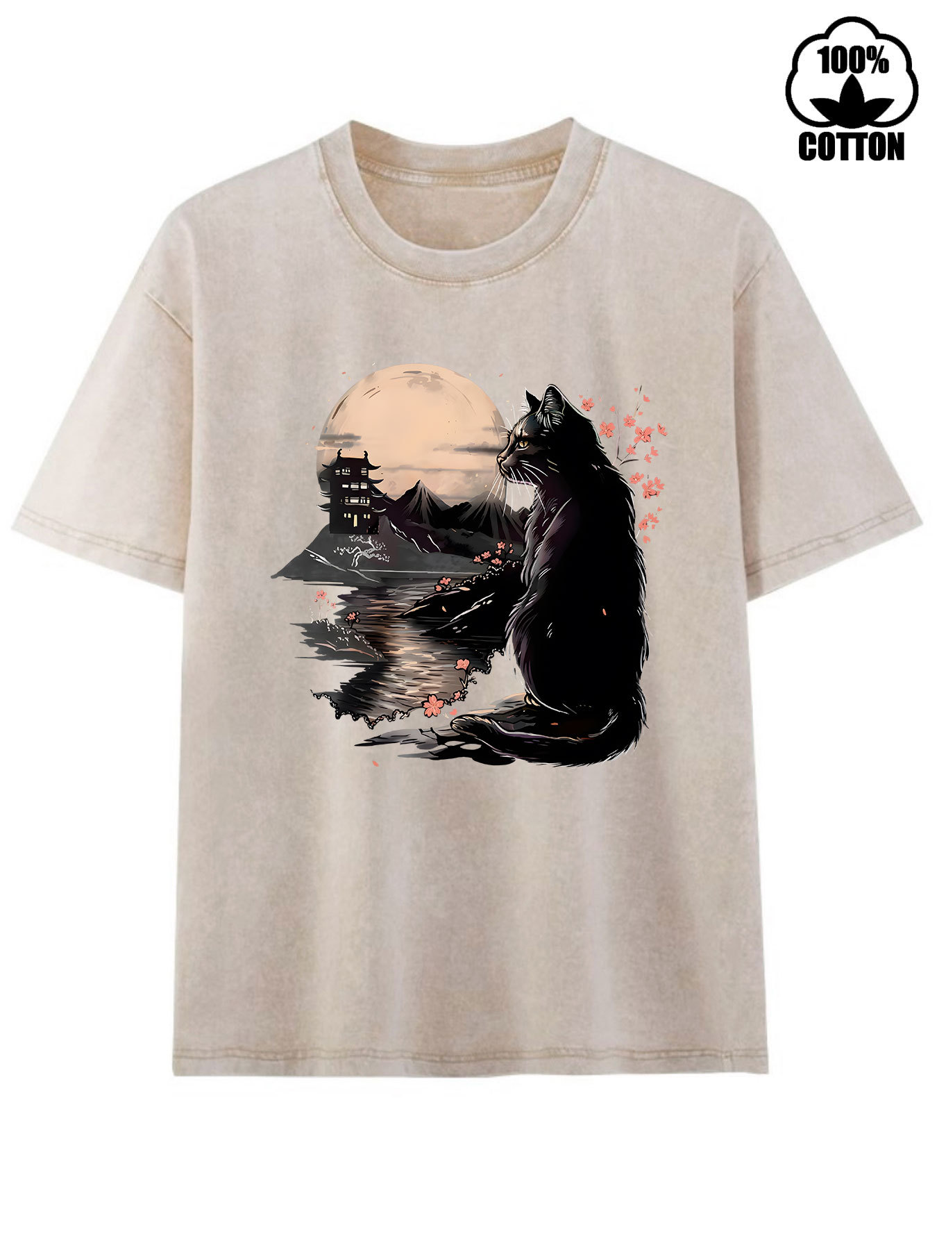 Amazon Ebay Fashion Short-Sleeved Pure Cotton Washed Retro Black Cat Peach Blossom Moon Print European and American Trendy Women's T-Shirt