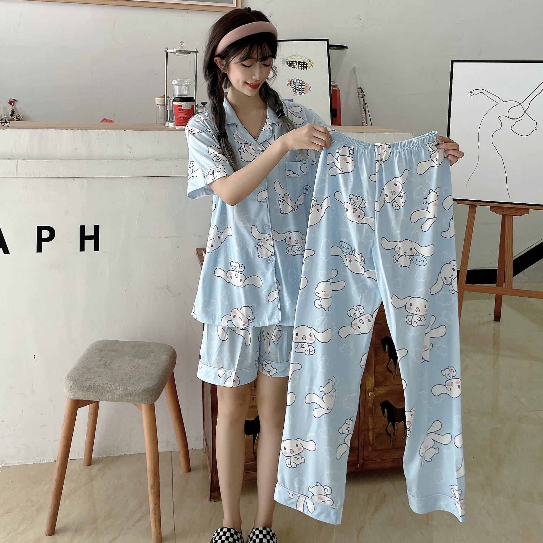 Cartoon Cinnamon Dog Pajamas for Women Spring and Summer Cute Age-Reducing Short-Sleeved Fresh Age-Reducing Three-Piece Set Student Home Clothes