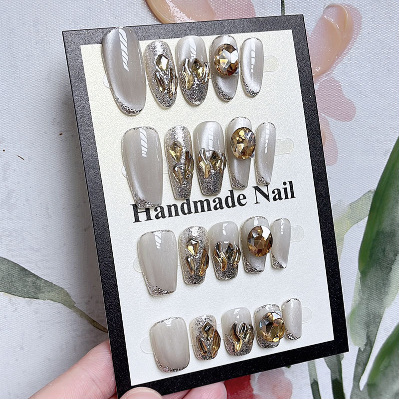 Muying Pure Handmade Wearable Nails, Sparkling Manicure, Champagne Diamond Fake Nail Patches, Removable Phototherapy Nails, Finished Nail Patches