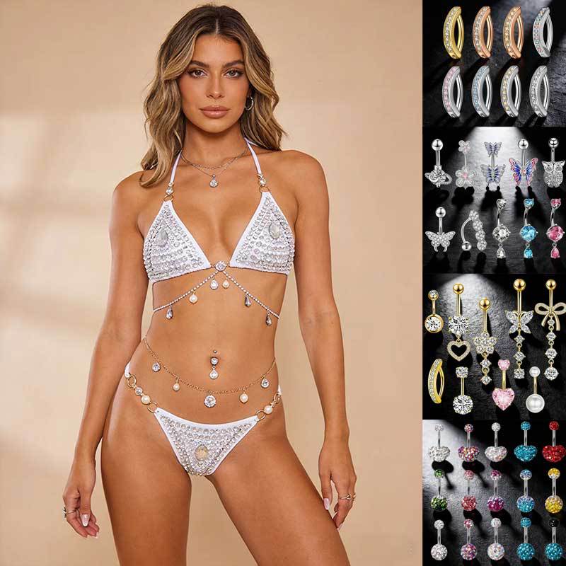 Cross-Border Hot-Selling Colorful Zircon Spiral Belly Button Rings, European and American Style Star and Moon Belly Button Piercings, Tassel Belly Button Studs