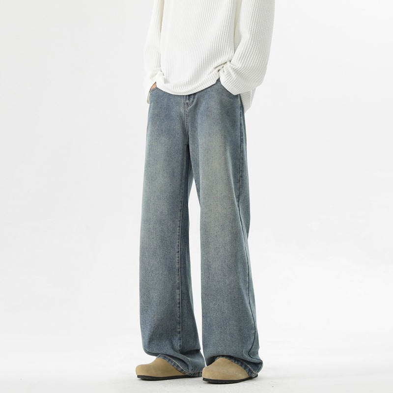 Vintage Trendy Brand Loose Men's Spring Jeans American-style High Street Washed Straight Wide-leg Long-elastic Cross-border Pants