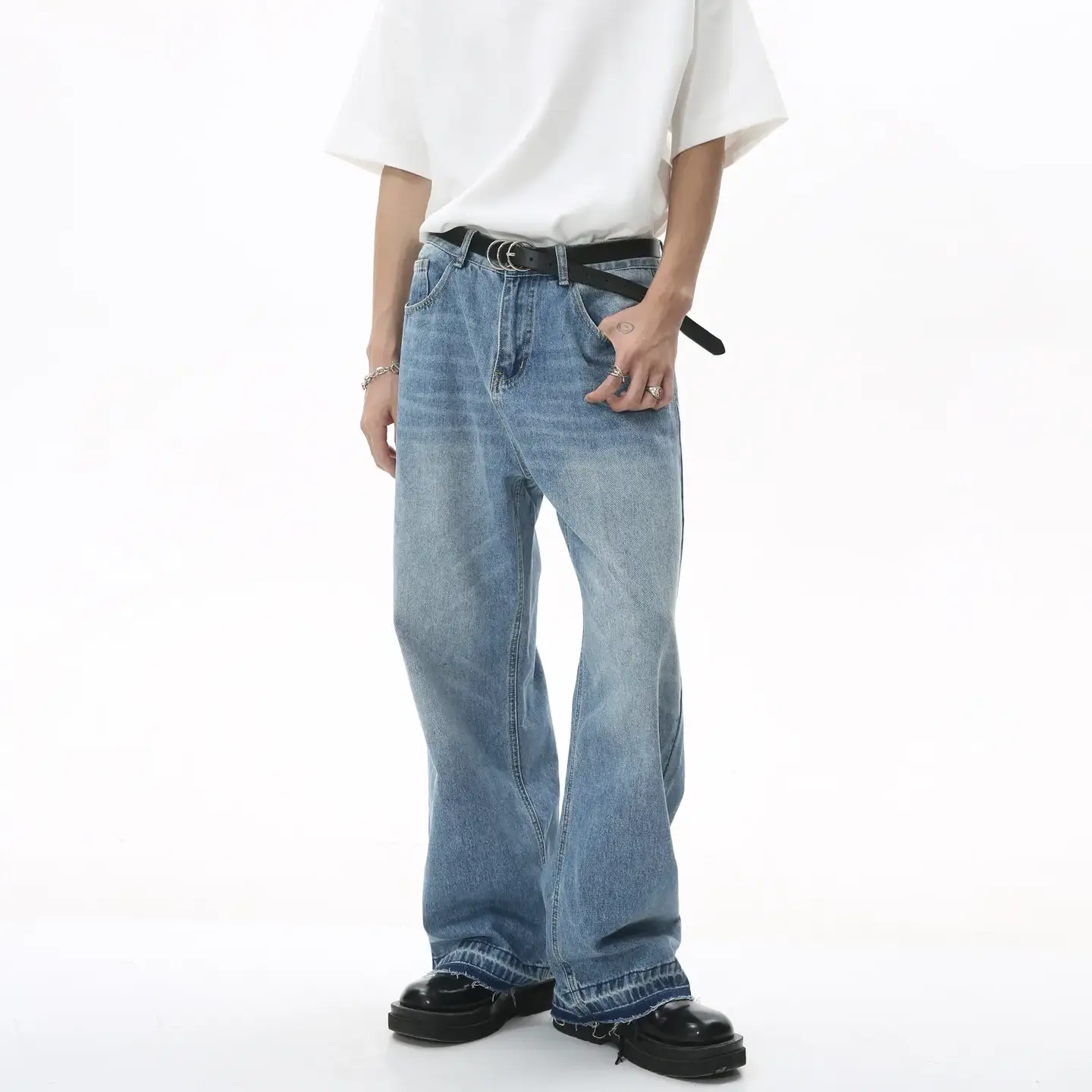Mtlclothes Men's Clothing | Niche High Street Style Casual Loose Straight-Leg Floor-Length Frayed Hem Denim Pants