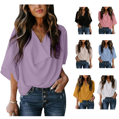 2025 Cross-Border Amazon Summer European and American Chiffon Shirts Loose V-Neck Tops T-Shirts Cape Women's Clothing with Vintage Craftsmanship