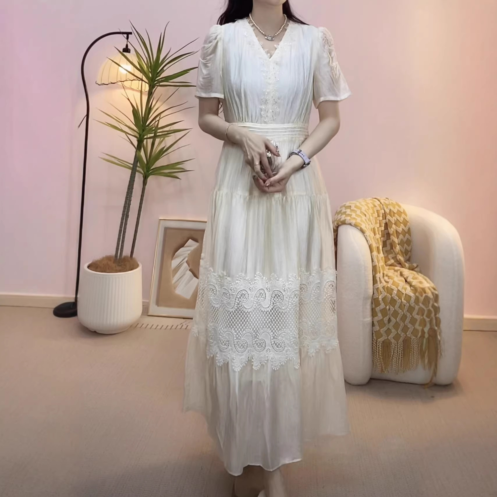 2026 Summer New Product, Versatile, Casual, Slimming, V-Neck Lace Splicing Fairy Dress, Mid-Length Dress
