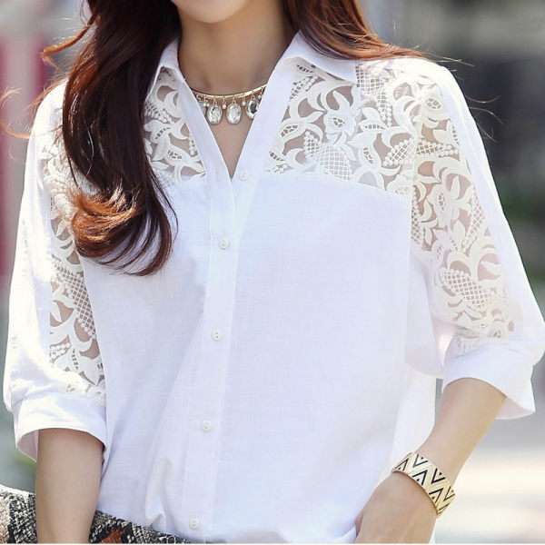 Women's Half Sleeve White Shirt Short Sleeve Korean Style Loose Large Size Chiffon Shirt Lace Stitching Midi Hollow Top