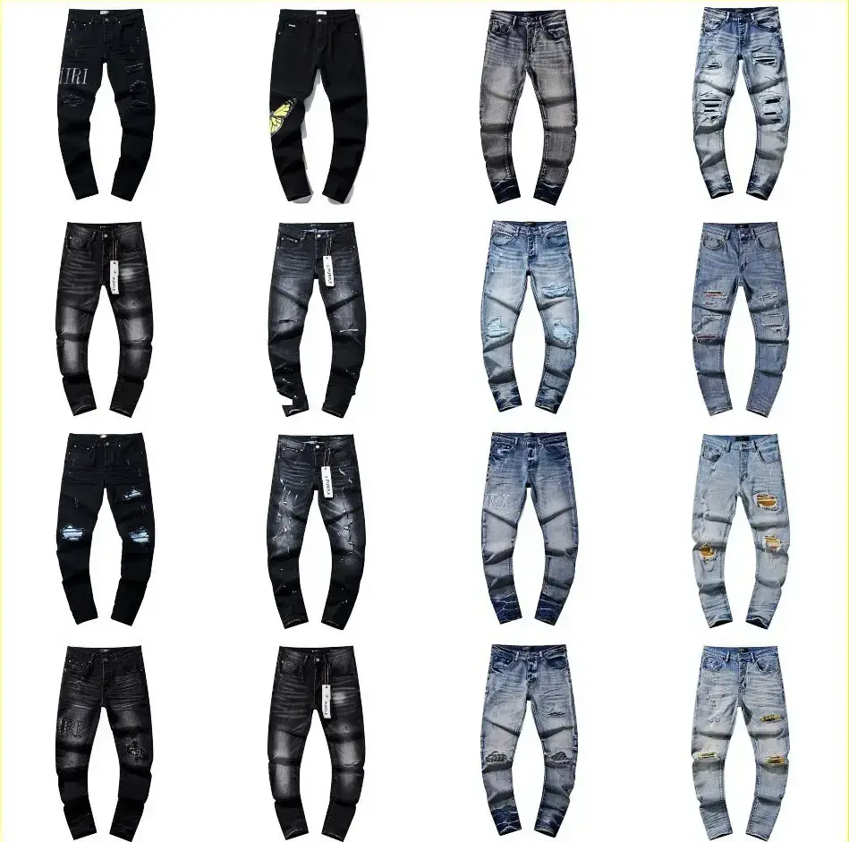 Cross-border wholesale Purple American high street hole patch trend retro straight am1ri Denim pants brand