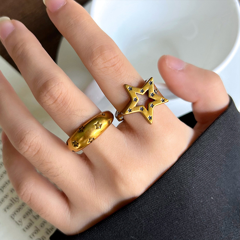 Lan Zhi Five-Pointed Star Exaggerated Vintage Non-Fading Antique Gold Open Ring Niche Vintage Design Ring for Women