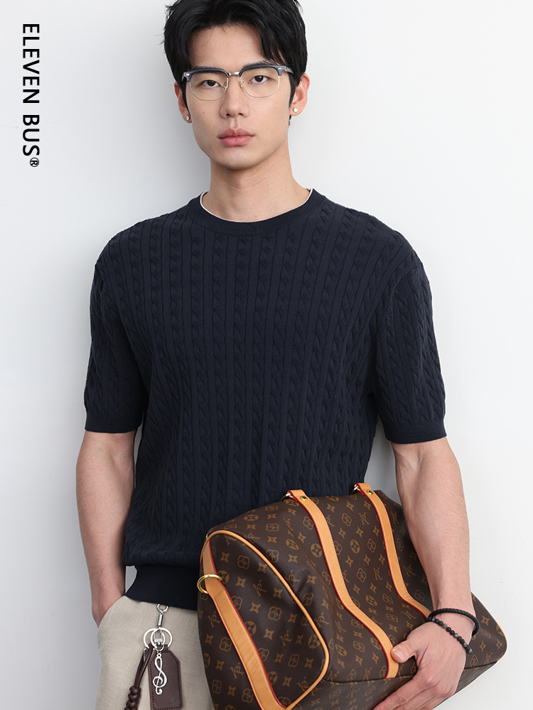 Spring and Summer New Old Money Style Short-Sleeve Knit T-Shirt for Men, Japanese Simple and Casual Pullover Men's Crew Neck T-Shirt Top