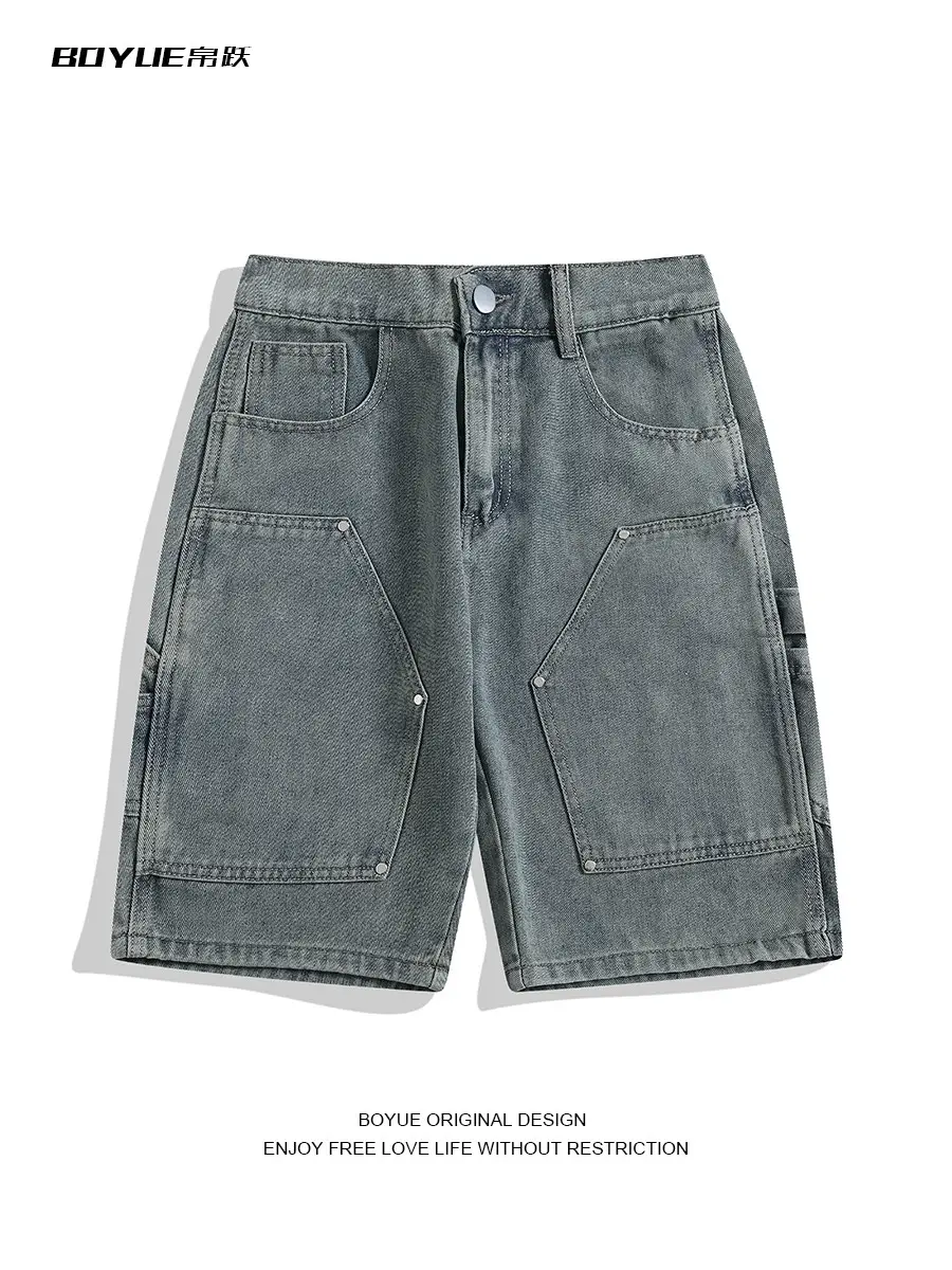BOYUE semi elastic waist straight leg denim shorts with patchwork pockets, handsome teenage workwear, men's five quarter pants