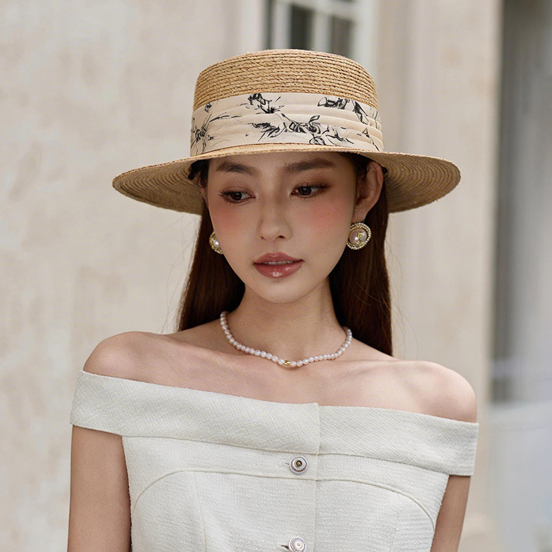 White Wide-Brimmed French-Style Retro Printed Flat-Top Hat for Women, Summer Travel Vacation Panama Sunshade Beach Straw Hat