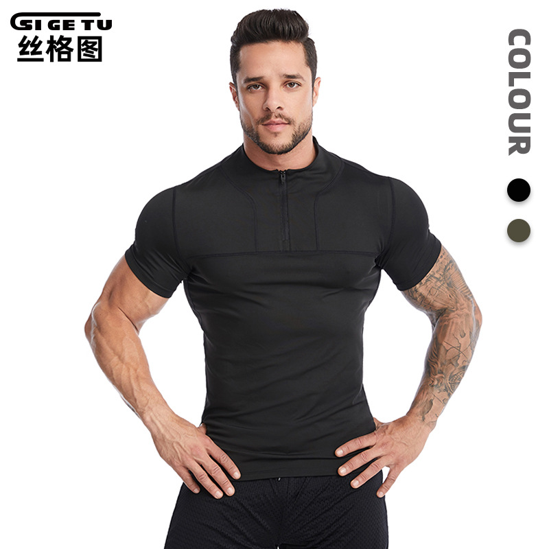 Silk Picture Cross-Border Fitness Clothing Men's Summer Zipper Stand Collar Pro Tights Running Quick-Drying Short-Sleeved Sports T-Shirt