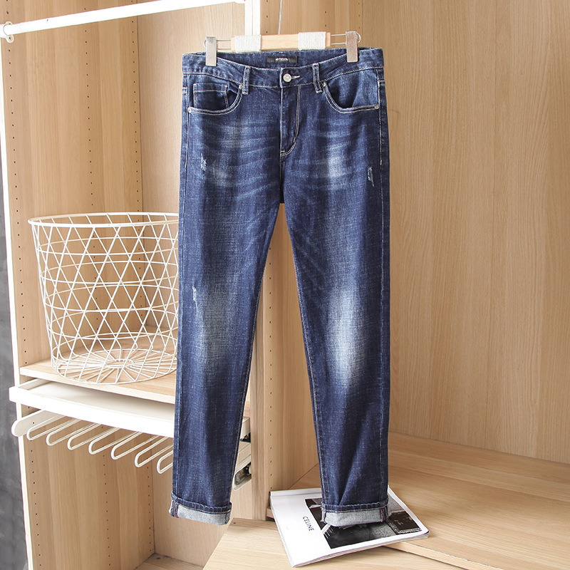 Men's Autumn and Winter Casual Jeans, Youth Slim Fit, Slightly Stretchy, Wrinkle-Free, Straight-Leg Trousers 02810 with Fleece Lining