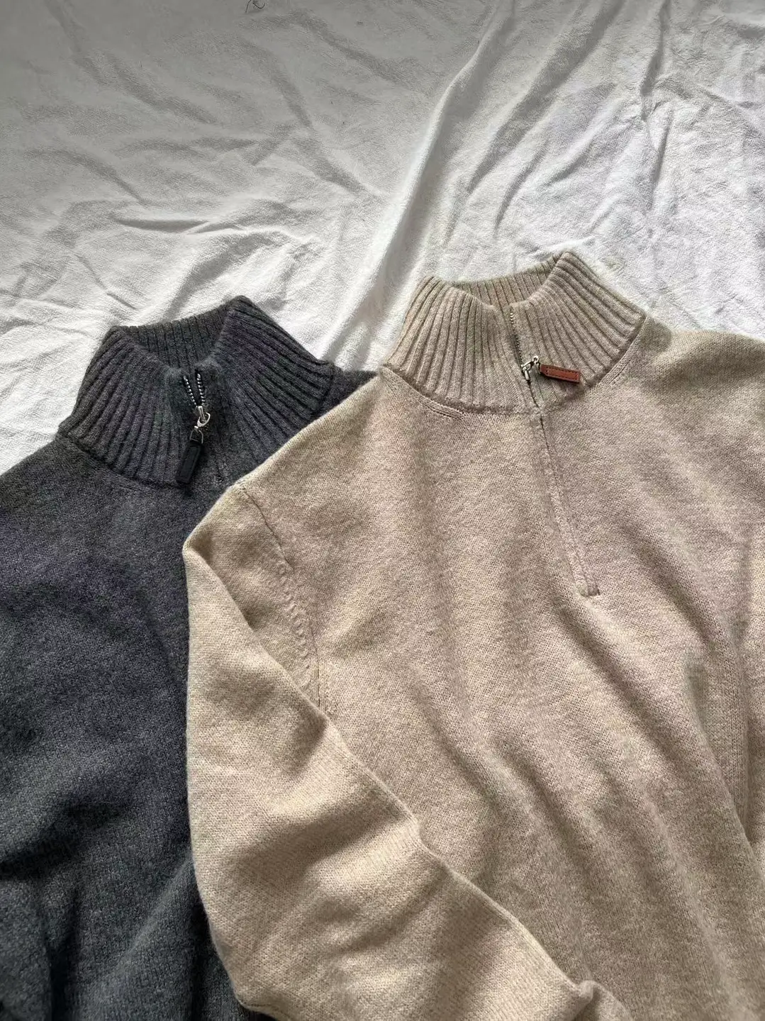 Coffee-Colored Self-Designed Lp Style Wool Blend Half-High Collar Zip-Up Sweater