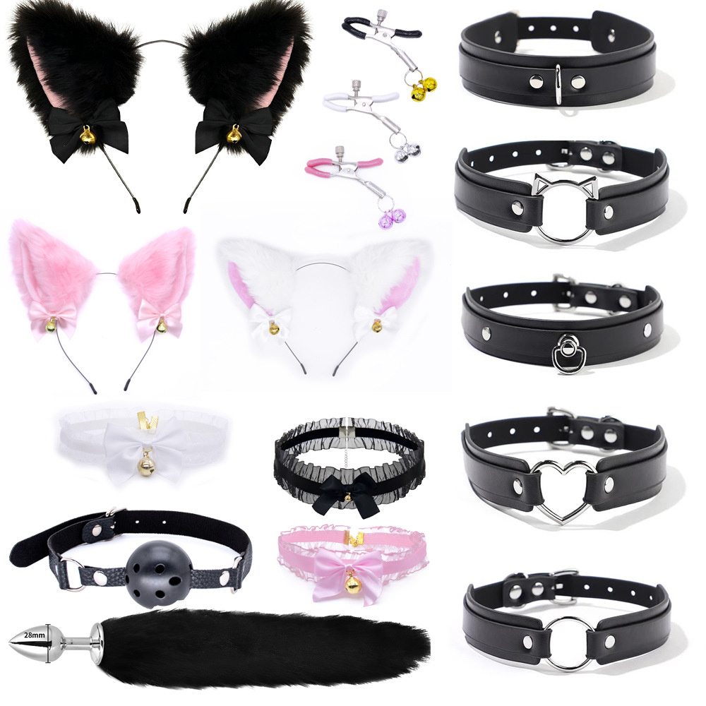 Smsexy suit anal plug hair tail male and female master slave training wear dress up hair band cat ear collar mouth ball eye mask