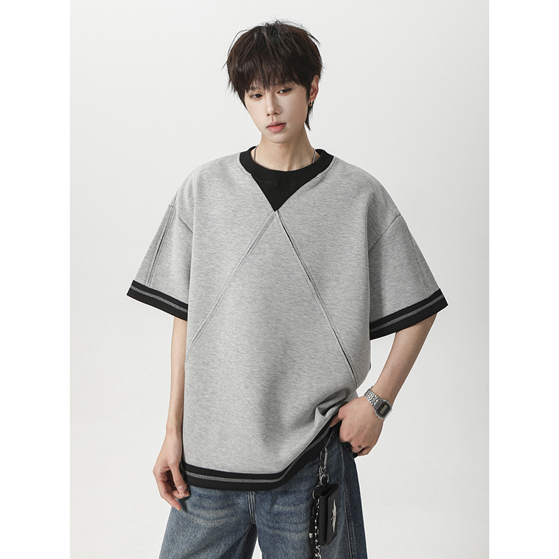 T-Shirt Short-Sleeved Men's American Retro Summer Patchwork T-Shirt Men's 2026 Loose Round Neck Short-Sleeved Casual Top