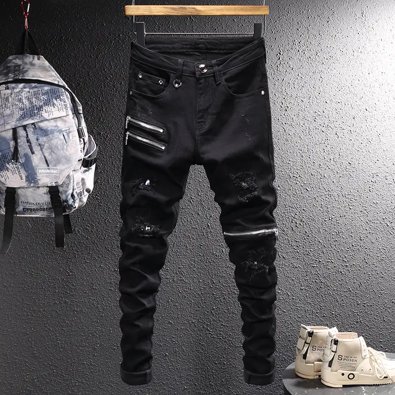 Italian Fashion Brand Spring New Black Jeans Men's Personalized Youth Fashionable Korean Style Stretch Slim-Fit Pants