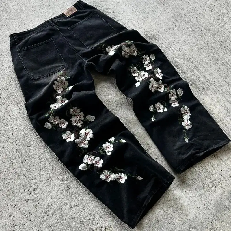 Y2K loose jeans Harajuku retro cherry blossom embroidery high quality jeans streetwear hip-hop gothic