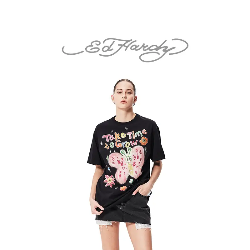 Ed Hardy Ed Hardy New arrival Ins Stylish Classic Colorful Butterfly Hot Diamond Women's Round Neck Short Sleeves T-Shirt