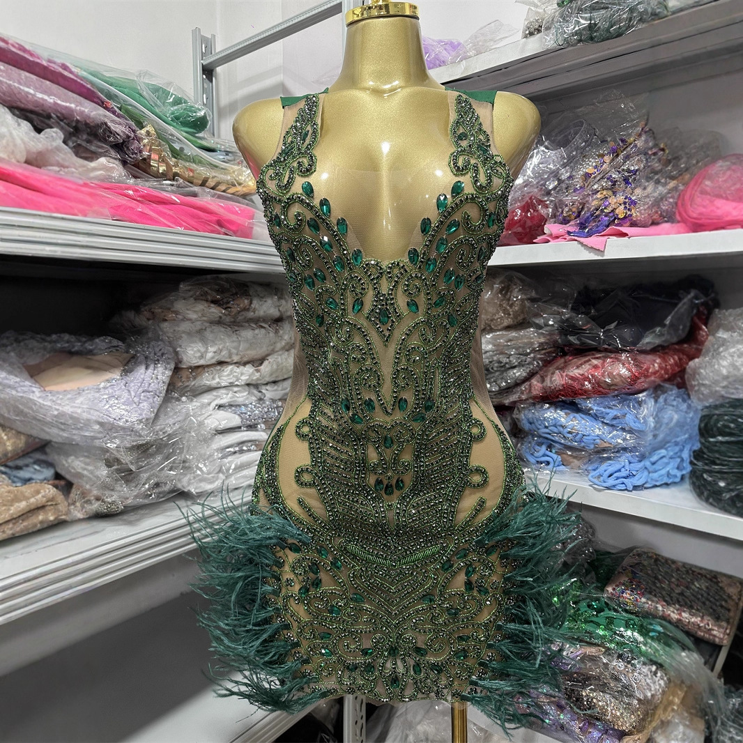 2025 Heavy Fashion Design Diamond-Encrusted Suspender Mesh Tight Short Mini Feather Women's Clothing