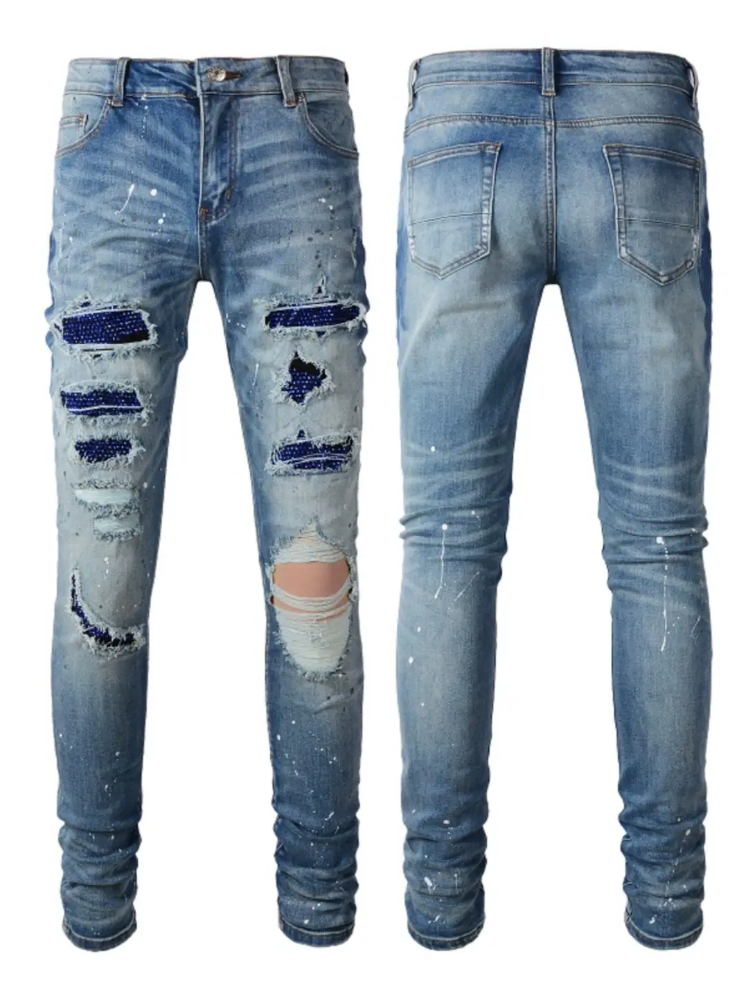 New arrival High Street Trendy Distressed Blue Rhinestone Splatter Paint Stretch silm Light Color Denim Men