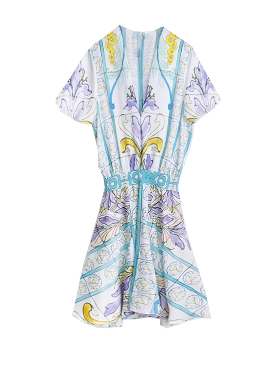Fa Shan M 2024 Summer Printed V-Neck dress Short-Sleeved Lotus Leaf Sleeve Holiday Style Waist Skirt