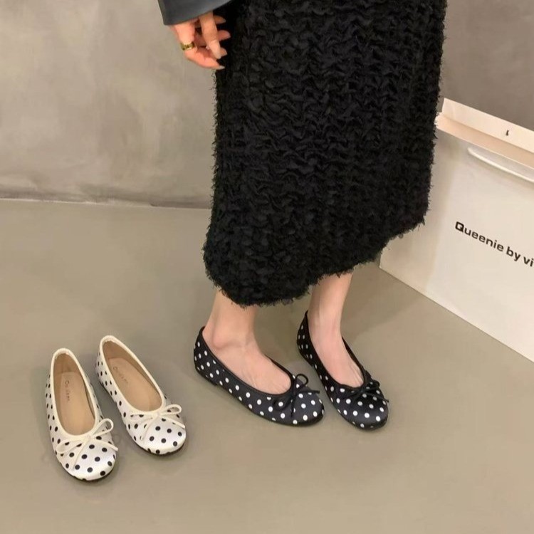 French-Style Flat Bowknot Gentle Evening Shoes for Women, 2026 Spring Satin Polka Dot French Ballet Flats
