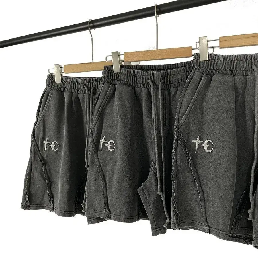 Thug Club Heavy Embroidery Logo Star and Moon Pattern American High Street Retro Distressed Cuffed Loose Shorts Trendy