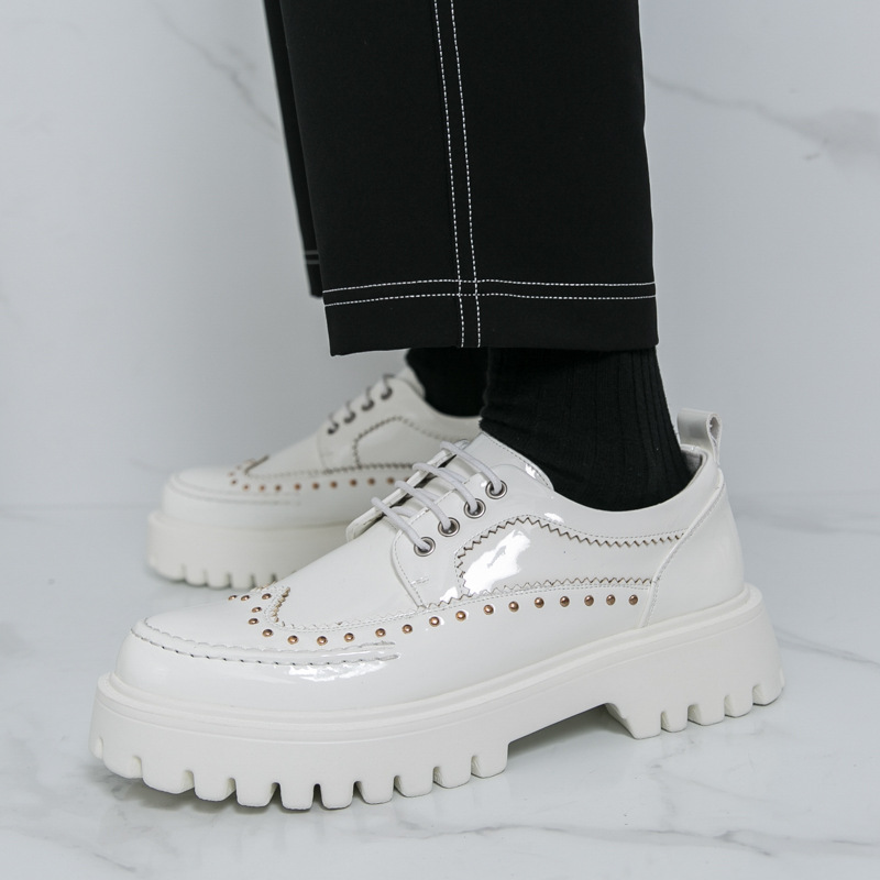 Cross-Border Glossy Thick-Soled Rivet Lace-Up Leather Shoes British Style Formal Business Casual Shoes Office Large Size Men's Shoes