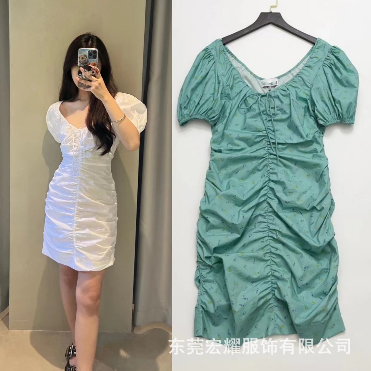 2023 New Summer Style Blue Printed White Cotton Pleated Design U-Neck Low-Cut Wrap Dress Short Skirt