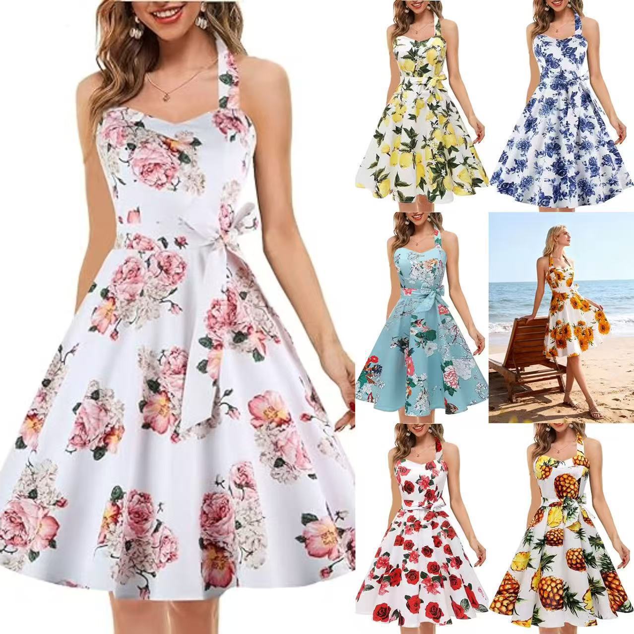 2026 Cross-Border Hot-Selling Women's Summer Cool and Sexy Halter Neck Sleeveless Printed Retro Flared Dress