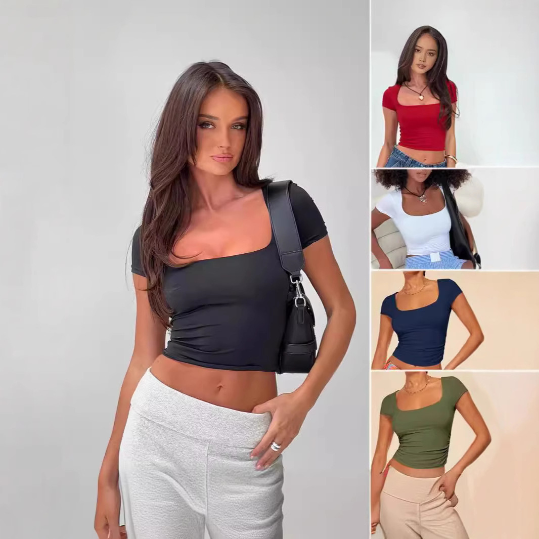 2024 Amazon ebay new hot women's European and American slim solid color short sleeve summer square collar casual T-shirt women